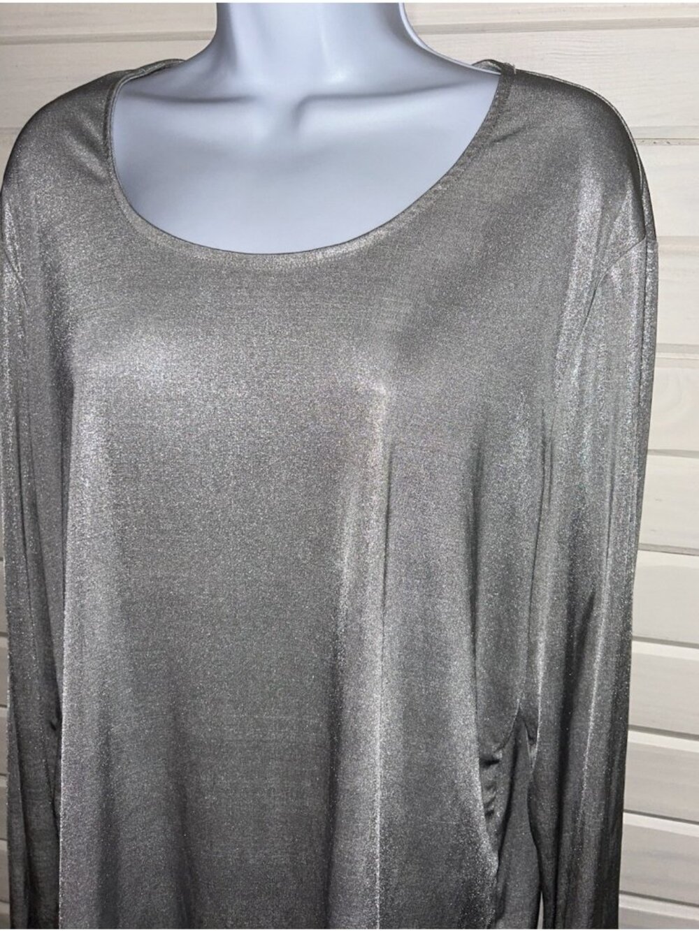 by Chicos Sz 3 (XL) Silver Shimmery Knit L/S Tee Tunic Stretch Subtle Stripe EUC